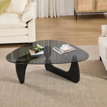 Modern Noguchi Coffee Table, Triangle Coffee Table with Tempered Glass Modern Vintage Glass Tea Table Wood Glass Accent Center Table for Living Room, 44.5”x32”x16.5”, Black Grey