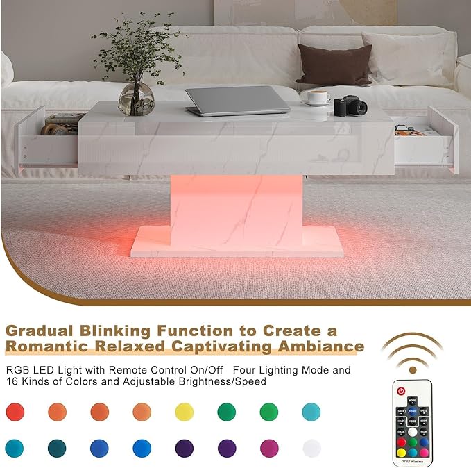 White Marble Led Coffee Table with 2 Storage Drawers for Living Room, Living Room Table Rectangular Center Table, Modern High Glossy Wooden Coffee Tables with Lights for Dining Reception Room