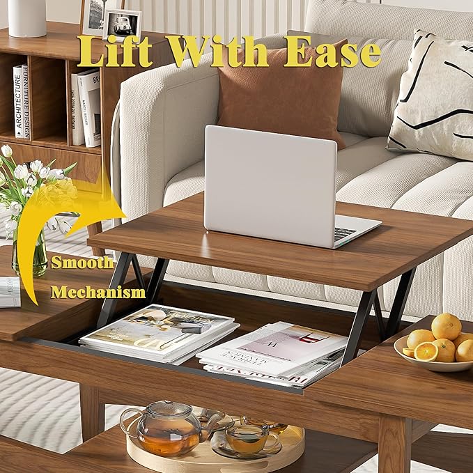 Coffee Table with Lifting Top, Rectangle Wood Lift Top Coffee Table with Open & Hidden Storage, Mid Century Pull up Center Tables for Living Room, Office (Walnut)