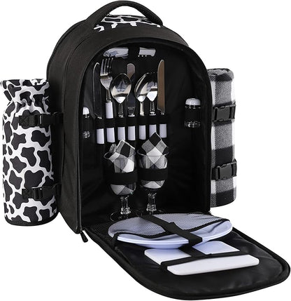 apollo walker Picnic Backpack Bag for 2 Person with Cooler Compartment, Detachable Bottle/Wine Holder, Fleece Blanket, Plates and Cutlery Set (2 Person, Black)
