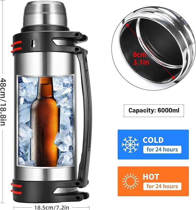 Large Thermosflask- 202oz Stainless Steel Insulated Bottle for Travel with BPA Free Cup - 6L Oversized Vacuum Insulated Thermoses with Handle and Strap for Hot & Cold Drinks(Silver)