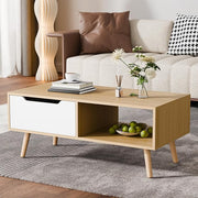 Cozy Castle Modern Wooden Coffee Table with Storage, Minimalist Hallway Mid Century Cocktail Table for Living Room Apartment Reception, Oak