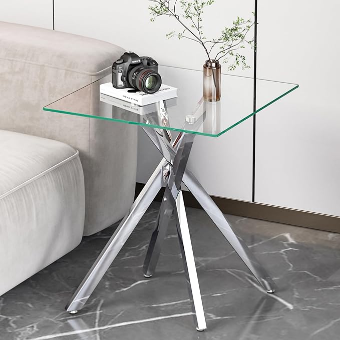 Silver Glass Coffee Table Set of 3 Modern End Table Living Room Side Table, Geometric Metal Legs 39.4 Inch Clear Rectangle Center Cocktail Tables, Chrome Silver