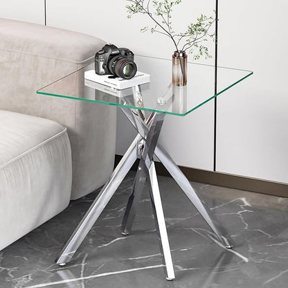 Silver Glass Coffee Table Set of 3 Modern End Table Living Room Side Table, Geometric Metal Legs 39.4 Inch Clear Rectangle Center Cocktail Tables, Chrome Silver