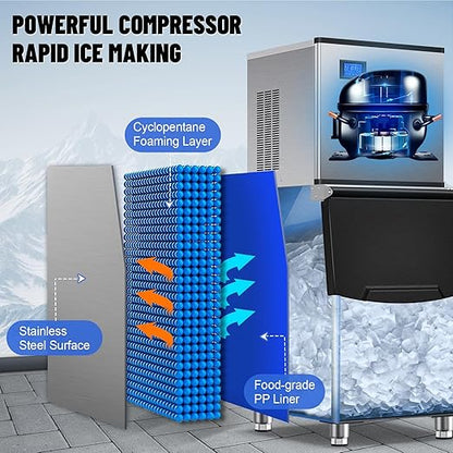 Commercial Ice Maker Machine 500Lbs/24H with 350Lbs Large Ice Storage Bin, Freestanding Ice Maker 156Pcs Clear Ice Cubes in 10Mins, Auto-Clean Stainless Steel Industrial Ice Machine for Restaurant