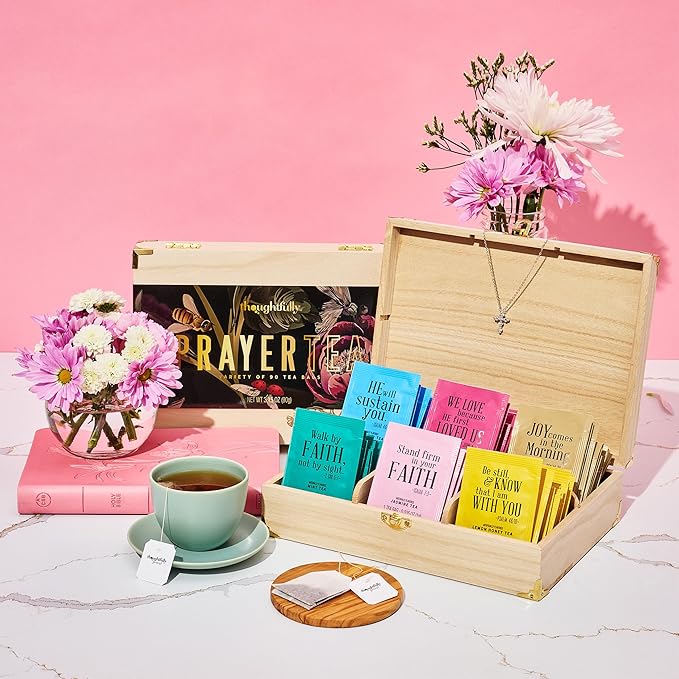 Thoughtfully Gourmet, Christian Prayer Tea Gift Set with Bible Verses, Includes 90 Teas in 6 Flavors in Premium Wooden Box, Religious Gifts for Women, Mom, Sister, Friend