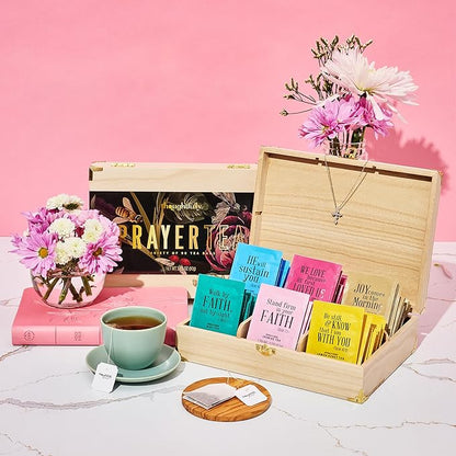 Thoughtfully Gourmet, Christian Prayer Tea Gift Set with Bible Verses, Includes 90 Teas in 6 Flavors in Premium Wooden Box, Religious Gifts for Women, Mom, Sister, Friend