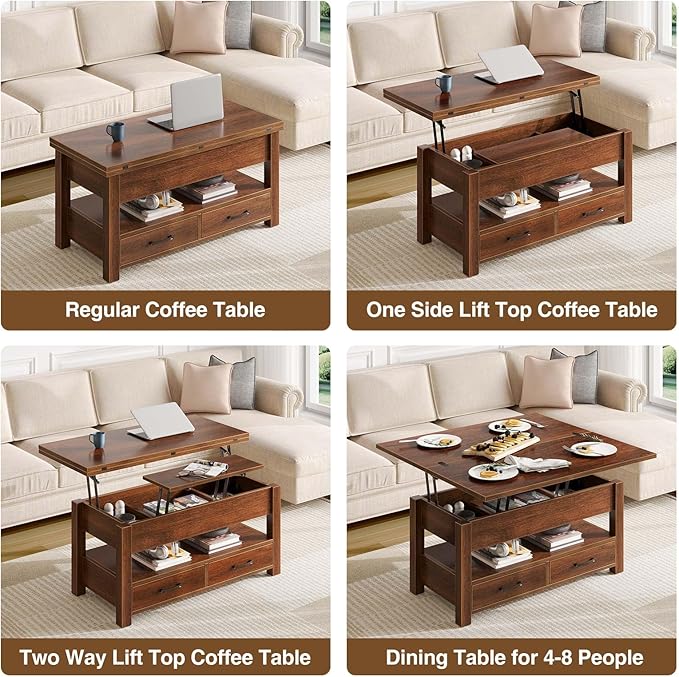 Rolanstar Coffee Table Lift Top, Multi-Function Convertible Coffee Table with Drawers and Hidden Compartment, Converts to Dining Table for Living Room, Home Office,Espresso