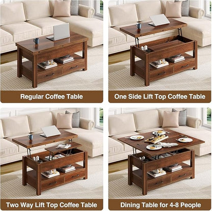 Rolanstar Coffee Table Lift Top, Multi-Function Convertible Coffee Table with Drawers and Hidden Compartment, Converts to Dining Table for Living Room, Home Office,Espresso