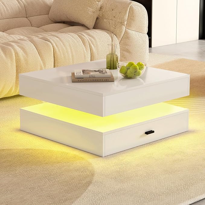 LED Coffee Table for Living Room - 2-Tier Modern High Gloss Square Table with Storage Drawers, 24-Color Adjustable Lights, Contemporary Wood Tea Tables for Home Office & Waiting Room,White