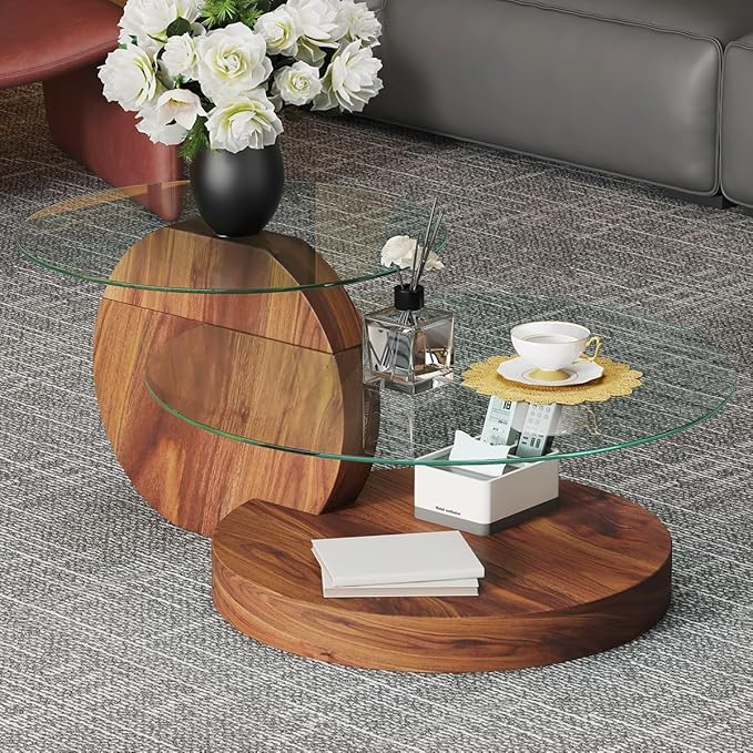 42 Inch Glass Coffee Table，Round Coffee Table with 2-Tier Tempered Glass Tabletop，Easy to Clean Circle Coffee Table with Sturdy Base for Living Room，Office (Dark Walnut-Colored Base)