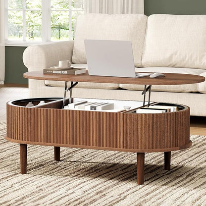BREEZEHEAT Fluted Lift Top Coffee Table, 39" Mid Century Modern Coffee Table, Hidden Compartment & Fully Assembled Centre Table Oval Lift Tabletop for Living Room, Small Space, Home Office, Walnut