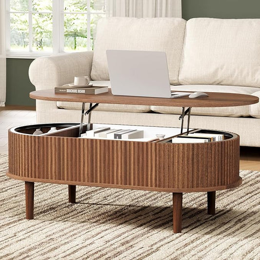 BREEZEHEAT Fluted Lift Top Coffee Table, 39" Mid Century Modern Coffee Table, Hidden Compartment & Fully Assembled Centre Table Oval Lift Tabletop for Living Room, Small Space, Home Office, Walnut