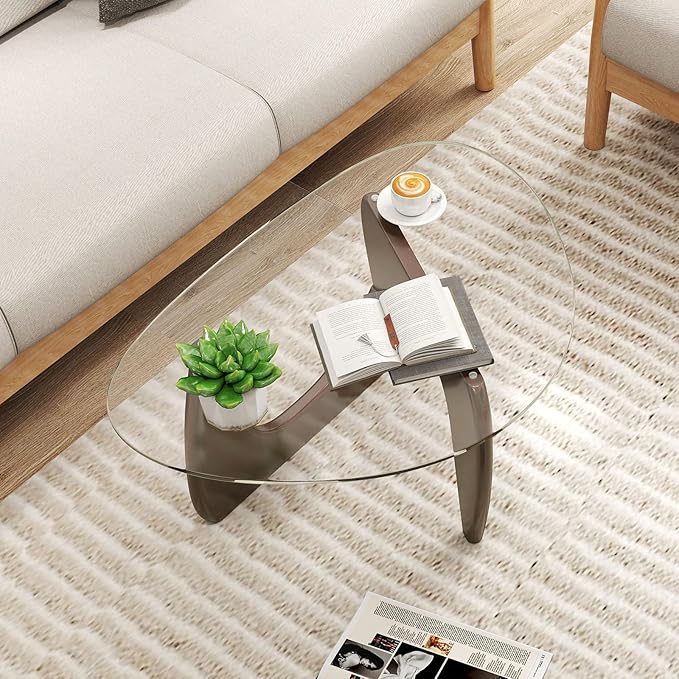 Tangkula Triangle Glass Coffee Table, Mid-Century Modern Center Table with Tempered Glass Top & Adjustable Rubber Wood Base, Small Coffee Table for Small Spaces, Living Room & Reception Room (Walnut)