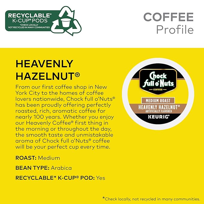 Chock Full o'Nuts Heavenly Hazelnut Coffee, Compatible with Keurig K-Cup Pods, 12 CT (Pack of 6)