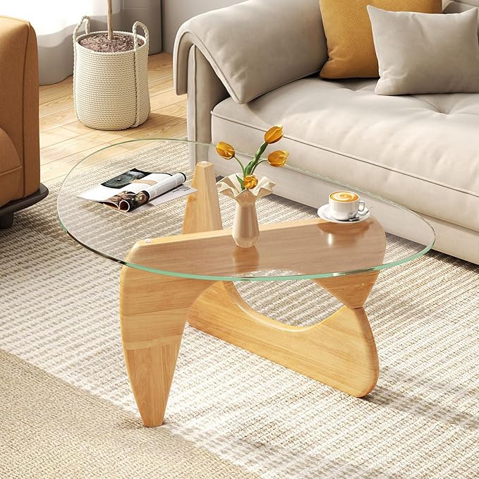 Giantex Triangle Glass Coffee Table, Solid Wood Tea Table with Tempered Glass Top & Adjustable Base, Small Accent Table for Small Spaces, Mid Century Modern Center Table for Living Room (Natural)