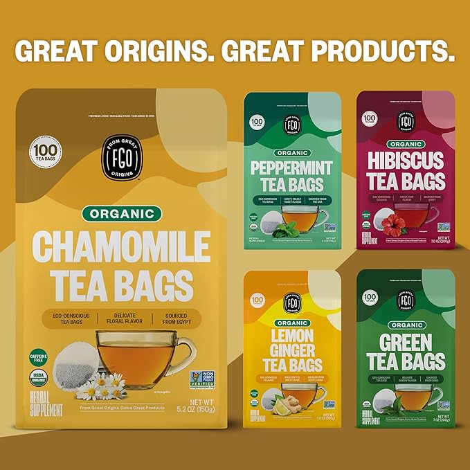 FGO Organic Chamomile Tea, 40 Count, Eco-Conscious Tea Bags, Resealable Bag (Pack of 1)