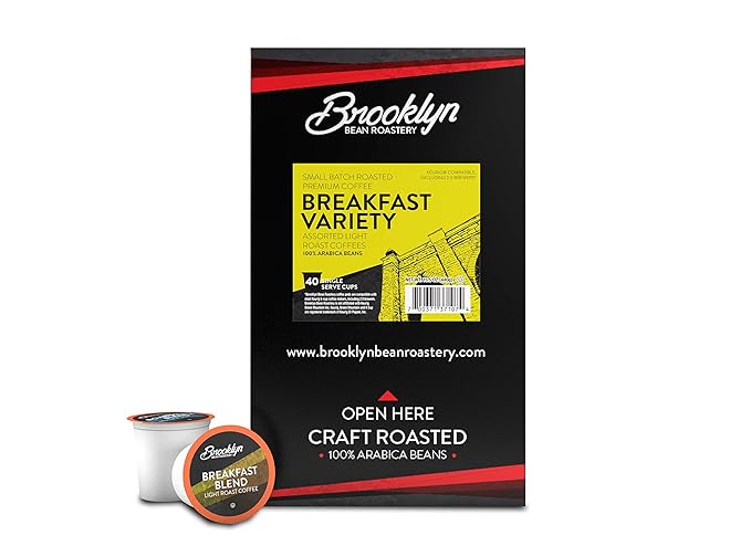 Brooklyn Beans Coffee Pods, Breakfast Gourmet Variety Pack - Compatible with Keurig K Cup Brewers Including 2.0 Machines, 40 Count, Light Roast Selection