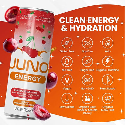 JUNO ENERGY Organic Cherry Sparkling Drink - Sugar Free Electrolytes, Energizing and Hydrating with 125mg Organic Caffeine from Green Coffee Beans, Organic Monk Fruit, Organic Sour and Black Cherry Juice & Electrolytes - Vegan, Gluten Free, 12 Pack