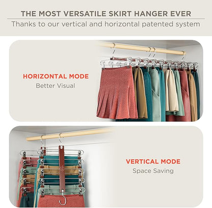 MORALVE Skirt Hangers Space Saving with Clips - 2 Pack - European Beechwood 5-Tier Hanger for Shorts, Skirts, and Pants - Closet Organizer and Storage Solution for Women with 360° Swivel Hook