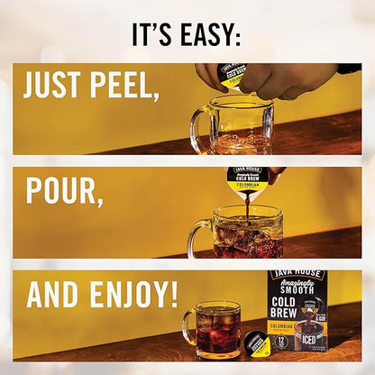 Java House Single-Serve Cold Brew Coffee Pods – Premium 100% Arabica Liquid Concentrate – Smooth & Bold Colombian Roast – 12 Pods – Ready Hot or Iced, Travel-Friendly, TSA Approved