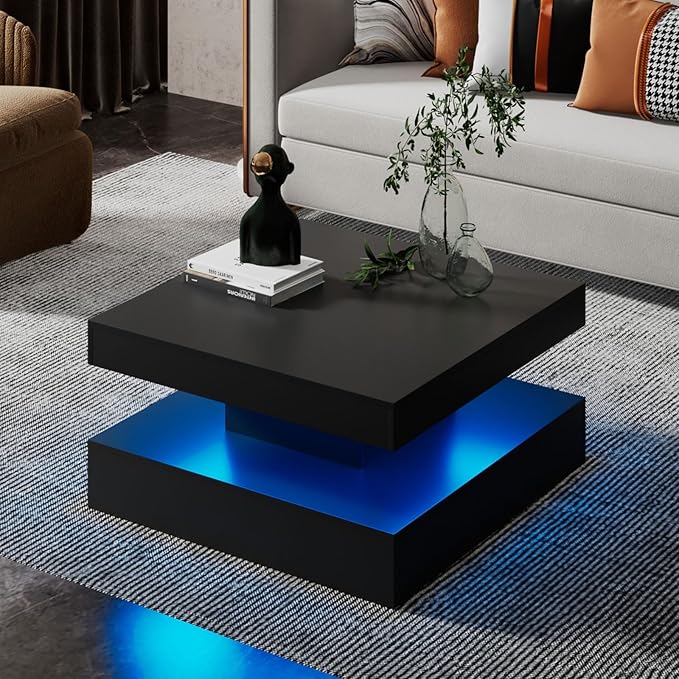 Black LED Coffee Table for Living Room, Living Room Table 2-Tier Square Middle Center Table, Modern Coffee Tables with Storage, Wood Tea Tables for Dining Reception, Skin Feeling