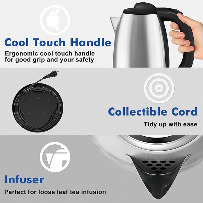 DEZIN Electric Kettle Upgraded, BPA Free 2L Stainless Steel Tea Kettle, Fast Boil Water Warmer with Auto Shut Off and Boil Dry Protection Tech for Coffee, Tea, Beverages