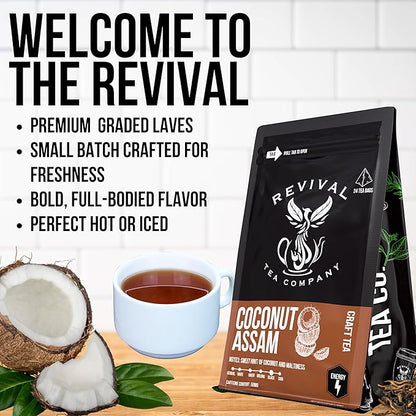 Revival Tea Company Coconut Assam Tea - Black Tea Blend with Coconut - 24 Tea Bags