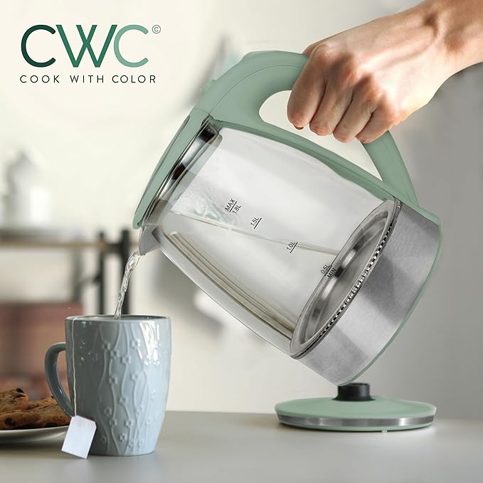 COOK WITH COLOR Electric Tea Kettle, 1.8L Cordless Hot Water Boiler, 1200W Rapid Boil, Auto Shutoff & Boil Dry Protection, BPA-Free, Sleek Countertop Design, Green