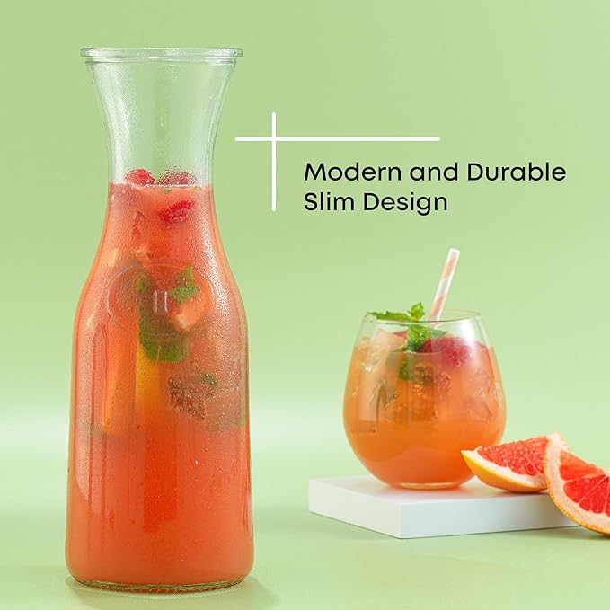 JoyJolt Glass Carafe with Lid, Set of 4 – 1 Liter Glass Pitcher for Mimosa Bar, Water, Iced Tea, Juice, Wine, Lemonade, Milk – Dishwasher Safe Beverage Drink Dispensers for Brunch, Parties