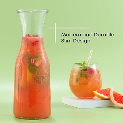 JoyJolt Glass Carafe with Lid, Set of 4 – 1 Liter Glass Pitcher for Mimosa Bar, Water, Iced Tea, Juice, Wine, Lemonade, Milk – Dishwasher Safe Beverage Drink Dispensers for Brunch, Parties