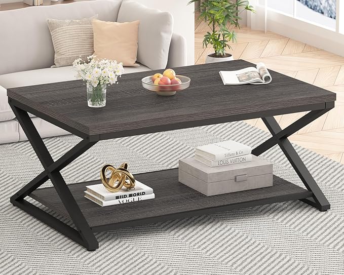 HSH Gray Storage Coffee Table, Modern Center Table for Living Room with Display Shelf, Simple Metal Wooden Rectangle Cocktail Tea Table, Minimalist Home Office Bedroom 2 Tier Coffee Table, 39 Inch
