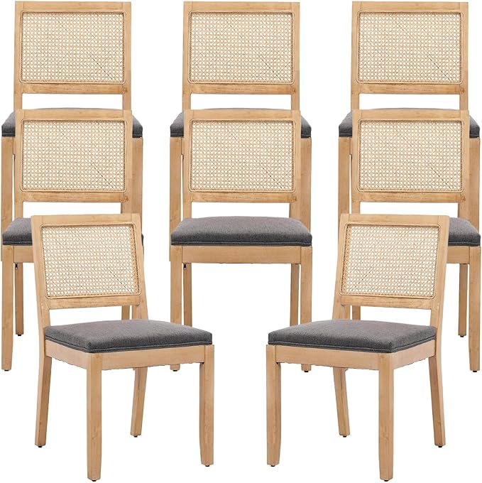 French Country Dining Chairs Set of 8, Grey Modern Kitchen & Dining Room Chairs, Rattan Dining Chair with Linen Upholstered Cushion, Low Cane Back, Wood Legs, Sillas de Comedor (Gray, 8 Pcs)