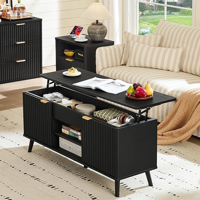 LEYAOYAO 48" Fluted Lift Top Coffee Table with Hidden Storage & Adjustable Shelves, Lifting Tabletop Large Rectangular Coffee Tables, Mid Century Modern Wood Center Table for Living Room,Black