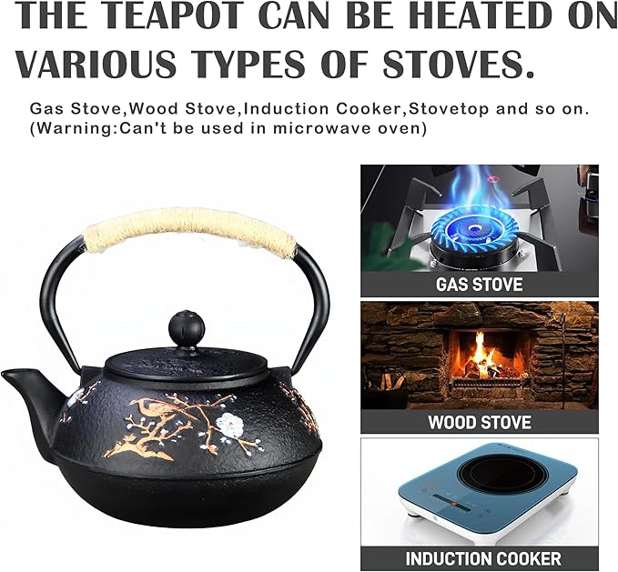 Cast Iron Teapot SECHUDO Teapot for Stovetop Safe Coated with Enameled Interior,Japanese Beautiful Tea Kettle with Stainless Steel Infuser for Loose Tea (30.4oz Plum Blossoms and Bird Pattern)
