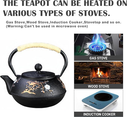 Cast Iron Teapot SECHUDO Teapot for Stovetop Safe Coated with Enameled Interior,Japanese Beautiful Tea Kettle with Stainless Steel Infuser for Loose Tea (30.4oz Plum Blossoms and Bird Pattern)