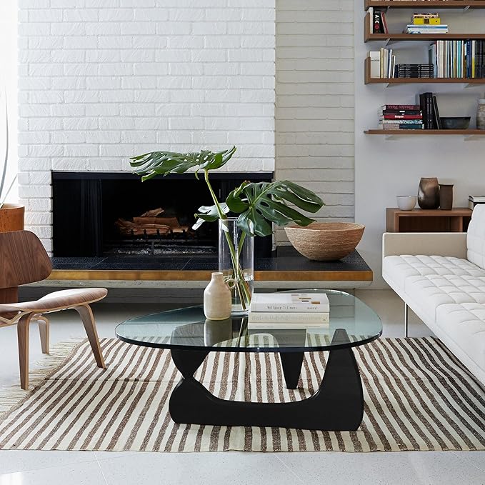 Noguchi Triangle Glass Coffee Table with Solid Wood Base, Vintage Clear Glass Top Modern Design for Living Room, Patio, Study, Black