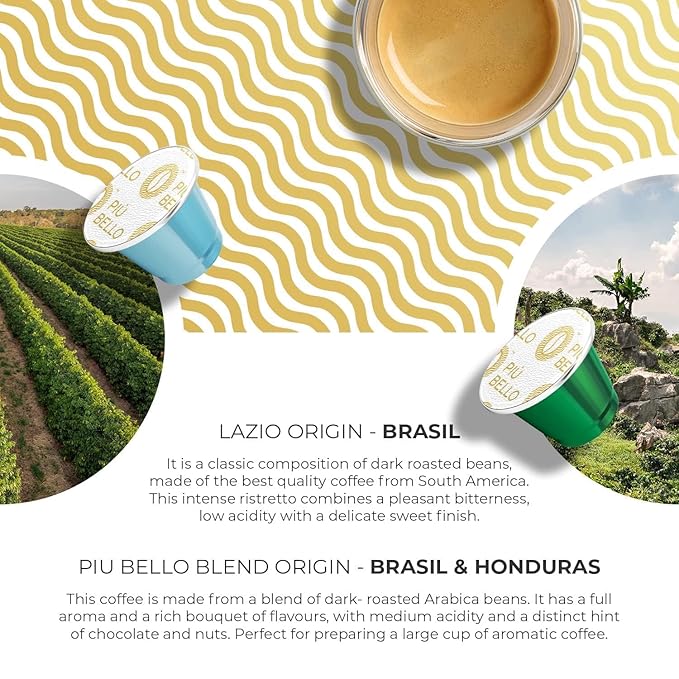 Piu Bello Espresso Coffee Pods – Variety Pack for Nespresso Original Machines – Light Roast, Dark Roast, Chocolate, Nutty, Caramel – Kosher, Rich & Balanced (120 Count, 6 Flavors)