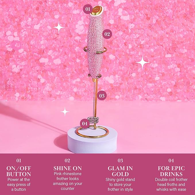 Paris Hilton Electric Rhinestone Handheld Milk Frother with Double Coil Head Whisk and Gold Metal Stand, Battery Powered (2 AA Batteries Required but Not Included), Pink