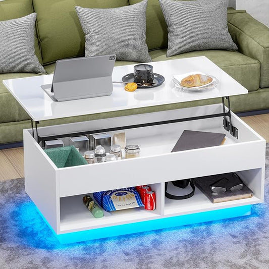 HOMMPA 40" Modern LED Coffee Table with Storage for Living Room, Lift Top Coffee Table with 2 Shelves, High Glossy Wooden Dining Table, Multifunctional Furniture for Bedroom/Home Office, White