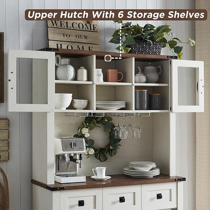 OKD 72" Farmhosue Bar Cabinet with Sliding Barn Door, Large Kitchen Buffet with Hutch w/Wine & Glasses Rack, 3 Drawers, 12 Storage Shelves, Rustic Coffee Bar Sideboard Table, Antique White