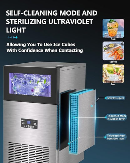 Commercial Ice Maker Machine 𝟏𝟕𝟎 𝐋𝐛𝐬/𝐃𝐚𝐲, Undercounter Ice Makers 40Lbs Storage Bin and 63 Ice Trays, Outdoor Ice Maker Brushed Metal with Water Line, Ice Scoop, for Home, Bar, Party