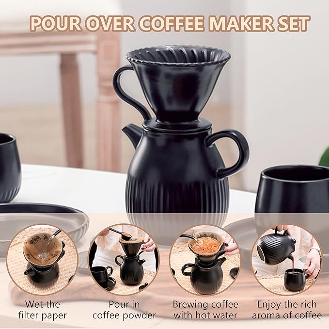Pour Over Coffee Maker Set Ceramic Coffee Dripper Set with 80 Count Paper Coffee Filters, 21 Ounces
