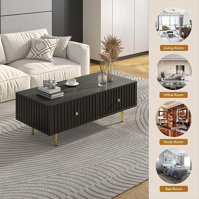 Modern Coffee Table with Storage with 2 Big Drawers, Black Rectangle Coffee Table for Living Room, Wooden Fluted Table Accent Tea Table for Living Room Apartment Small Space