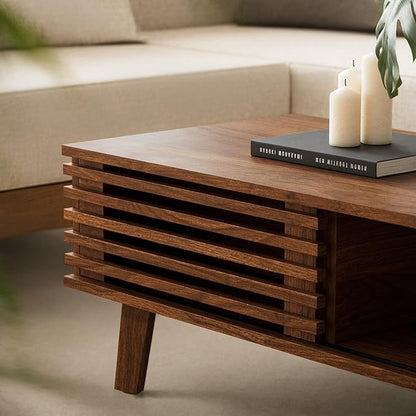 Mid Century Coffee Table with Storage & Sliding Fence Door, Modern Coffee Tables for Living Room, Walnut Finish