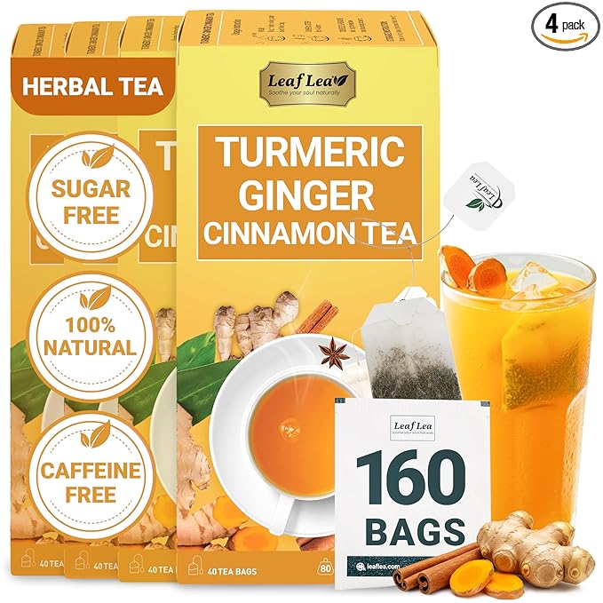LeafLea 160 Ginger Turmeric Tea Bags, 100% Natural & Pure Herbal Tea Blend of Turmeric Ginger Tea with Cinnamon, Turmeric Tea Supports Digestion & Immunity, Caffeine-Free, No Sugar, Non-GMO
