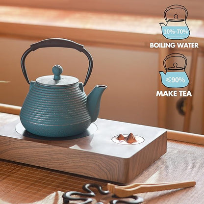 Cast Iron Teapot, 33oz Tea Kettle Stovetop Safe with Infuser for Tea & Coffee, Hand made Japanese Tea Pot Coated with Enameled Interior, Silicone Handle, 950ml Blue