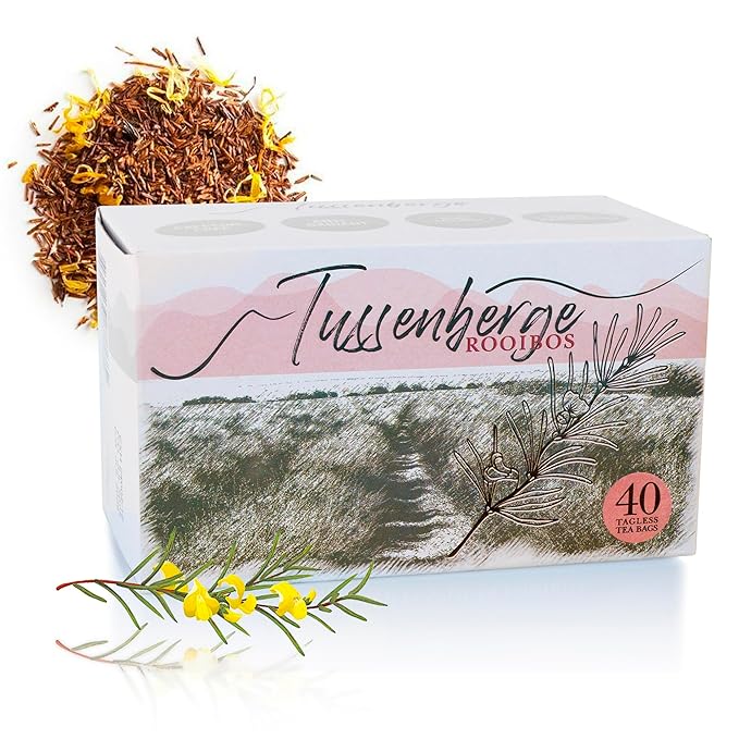 Tussenberge Organic Rooibos Tea Bags – Premium South African Red Bush Herbal Tea, Smooth & Full-Bodied Flavor, Naturally Caffeine-Free, 40 Tagless Tea Bags