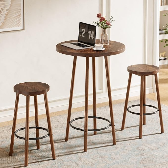 Tribesigns 3 Pieces Bar Table Set, 23.6" Round Pub Table, Small Bar Height Pub for 2, Industrial Home Bar Unit Set with 2 Stools for Kitchen, Dining Room, Living Room & Bistro, Rustic Brown