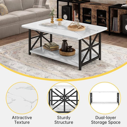 AWQM Faux Marble Coffee Table for Living Room with Round Corners,2 Tier Living Room Table with Storage Shelf,Rectangular Coffee Table Center Table for Small Spaces,White